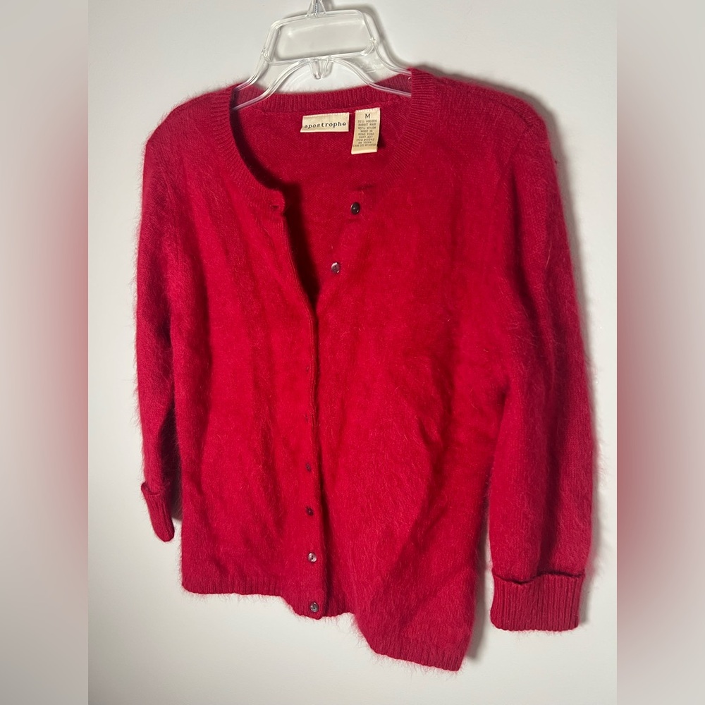 Apostrophe VTG Rabbit Hair Angora Red Cardigan Sweater Old Money Luxury Size M - Picture 2 of 6